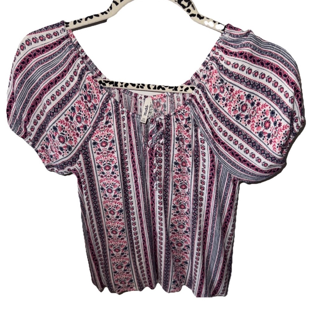 Mudd Floral Stripe Tie Keyhole Puff Sleeve Peasant Top Women’s Pink Flowy xs